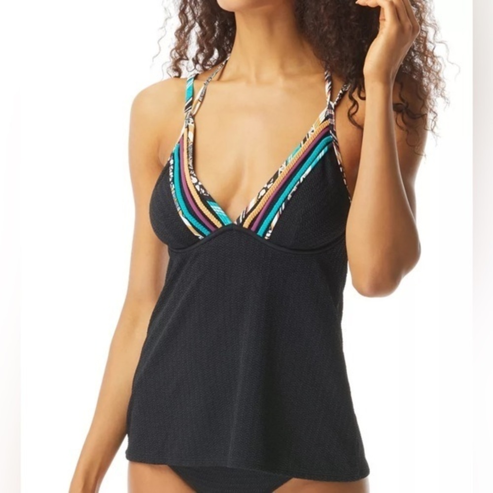 NWT Coco Reef Black Multi Color Tie Tankini Swim Top Women’s Size 32C